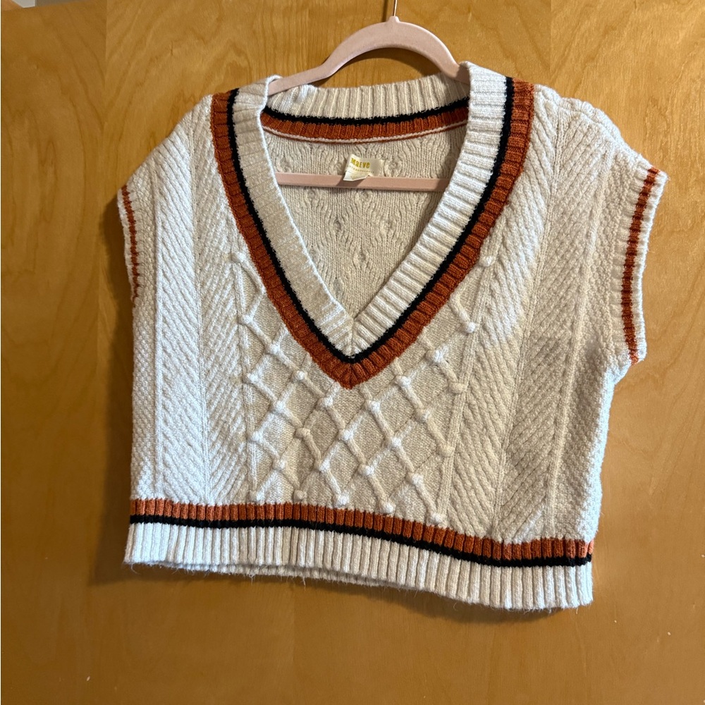 Maeve V-Neck Sweater Vest - Cream and Brown